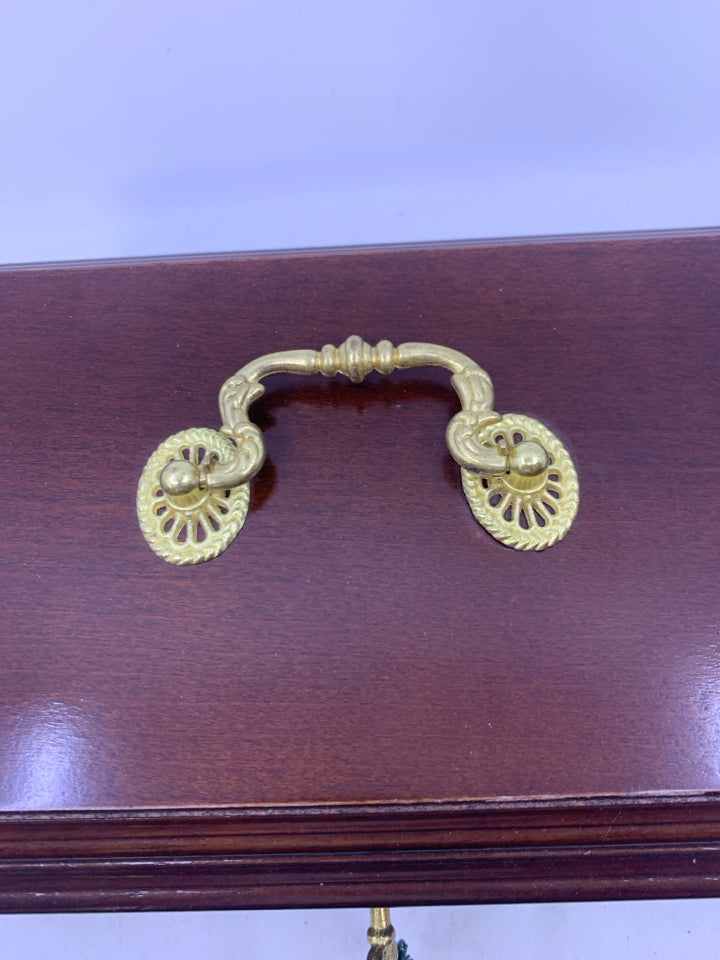 DARK BROWN WOOD W/ GREEN FELT LOCKS W/ KEY GOLD METAL HARDWARE.