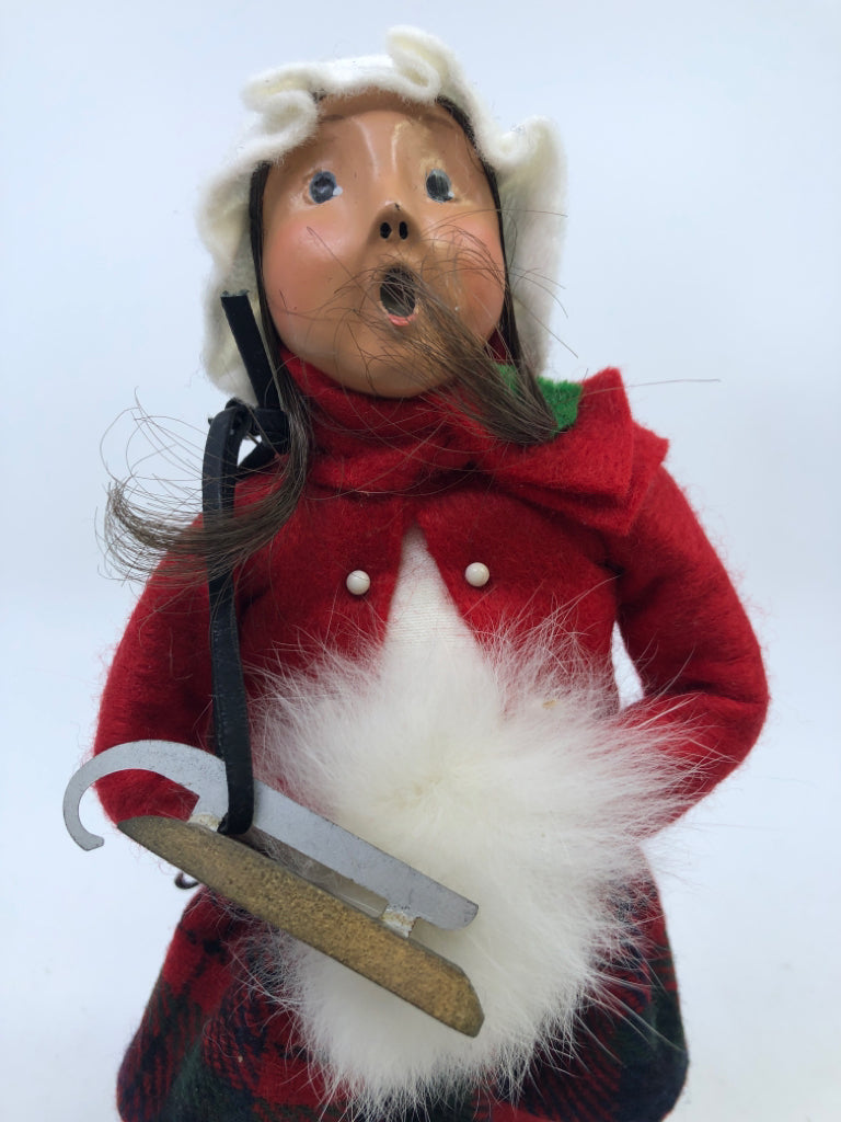 BYERS' CHOICE GIRL IN RED DRESS, PLAID SKIRT W MUFF-1992.