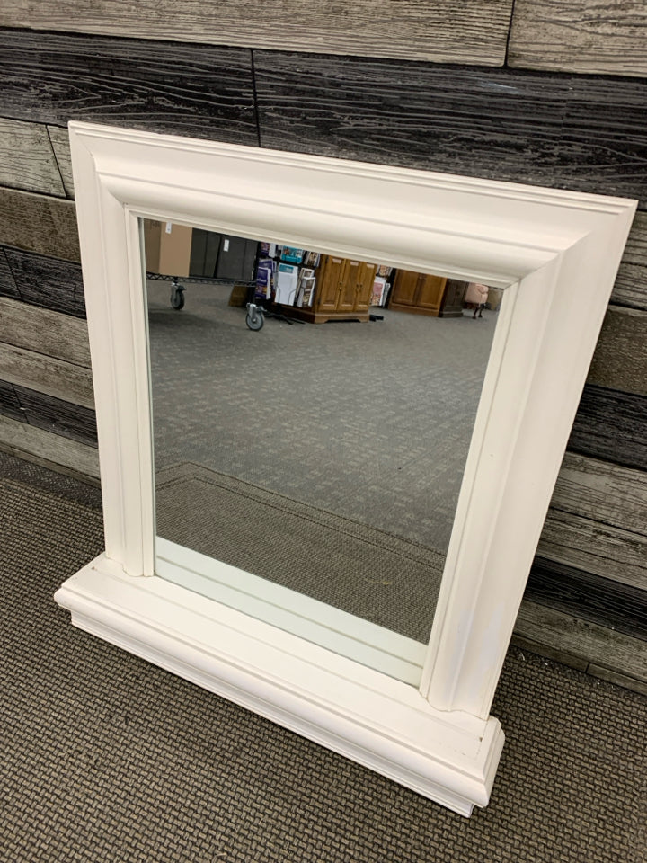 WHITE WOOD MIRROR W/SHELF.