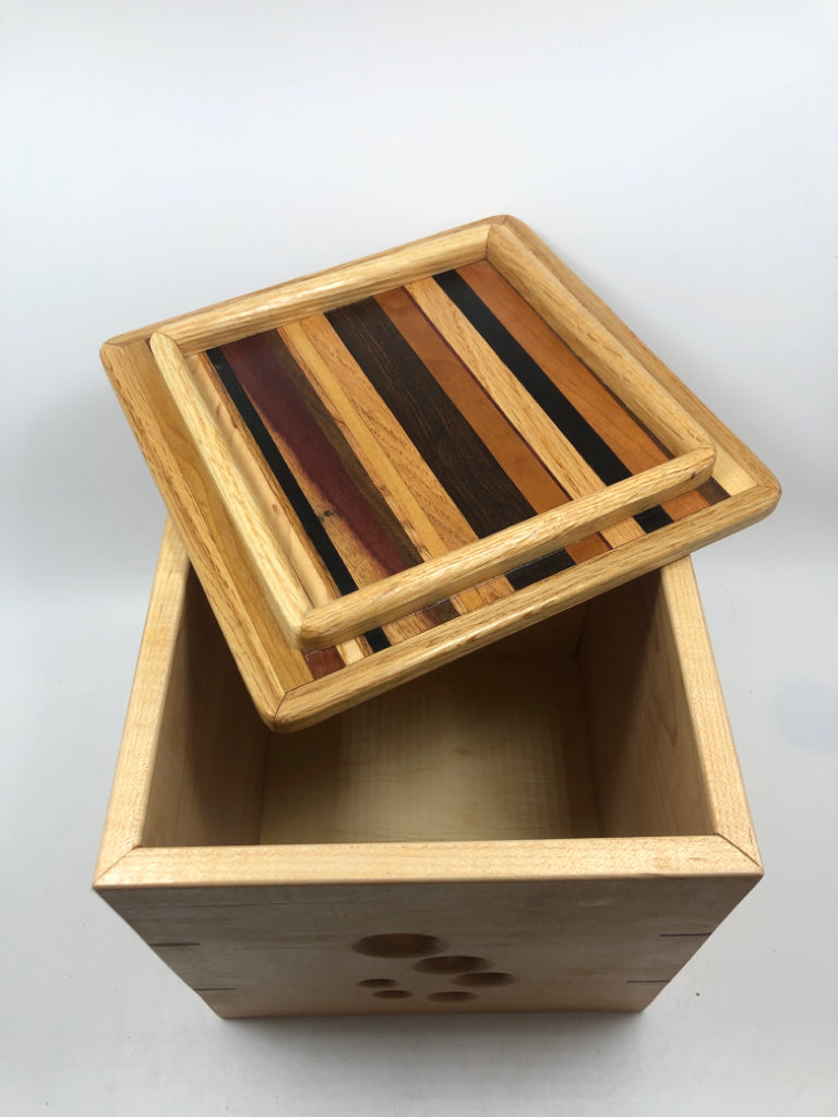 WOODEN YARN BOX W/SPIRAL CUT-OUT.