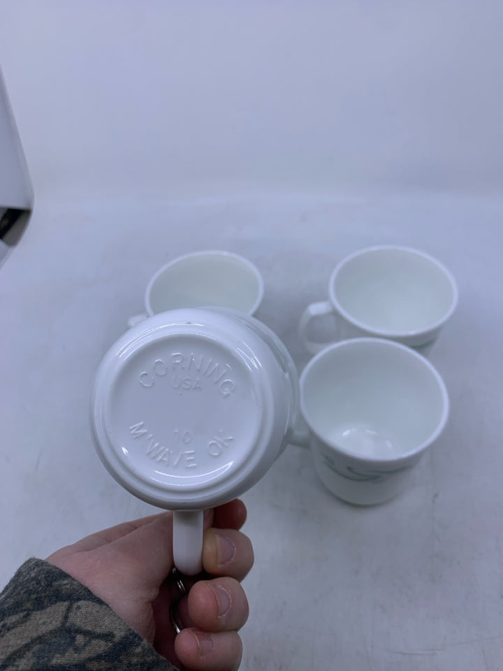 4 WHITE MUGS W/ GREEN TULIPS.