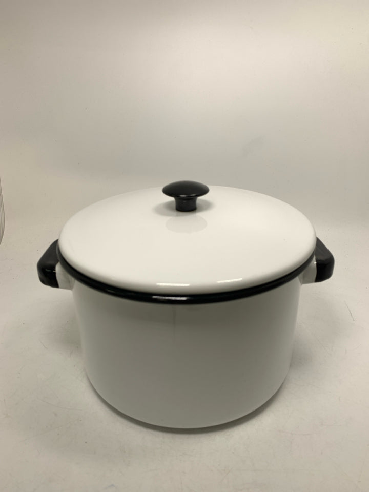 ENAMEL POT W/ HANDLES/LID BLACK EDGE.