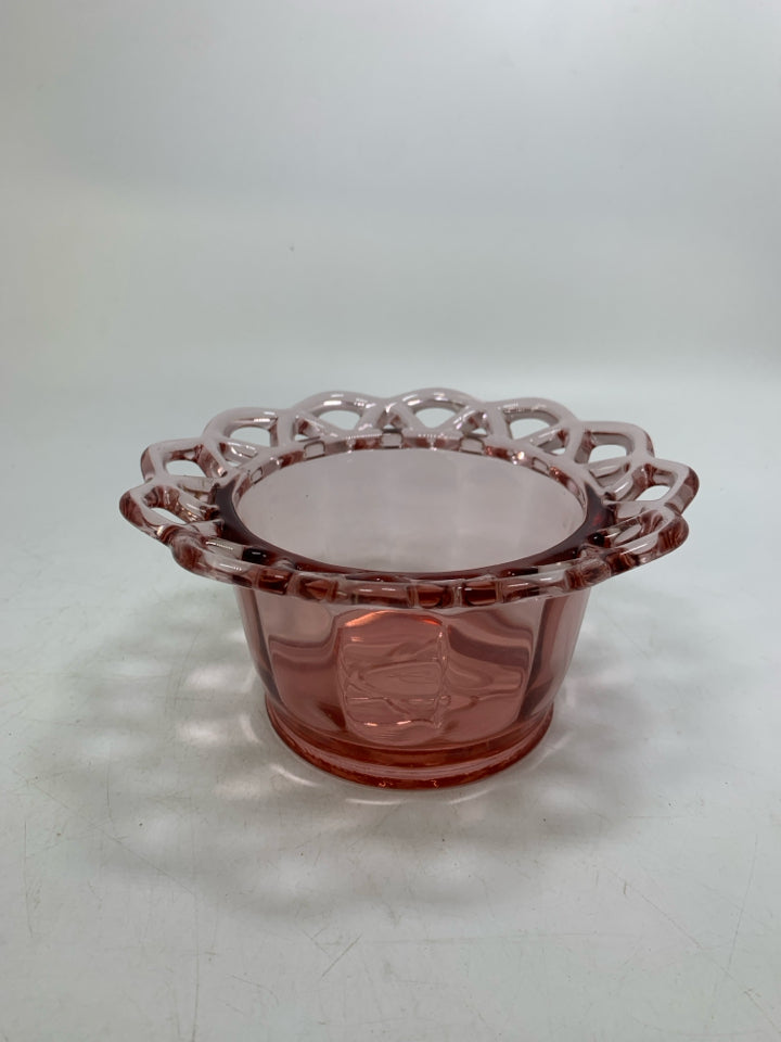 VTG AZALEA PINK GLASS CANDY BOWL W/ LACE EDGE.