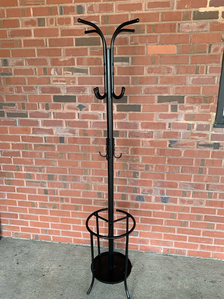 BLACK COAT RACK W/UMBRELLA STORAGE.