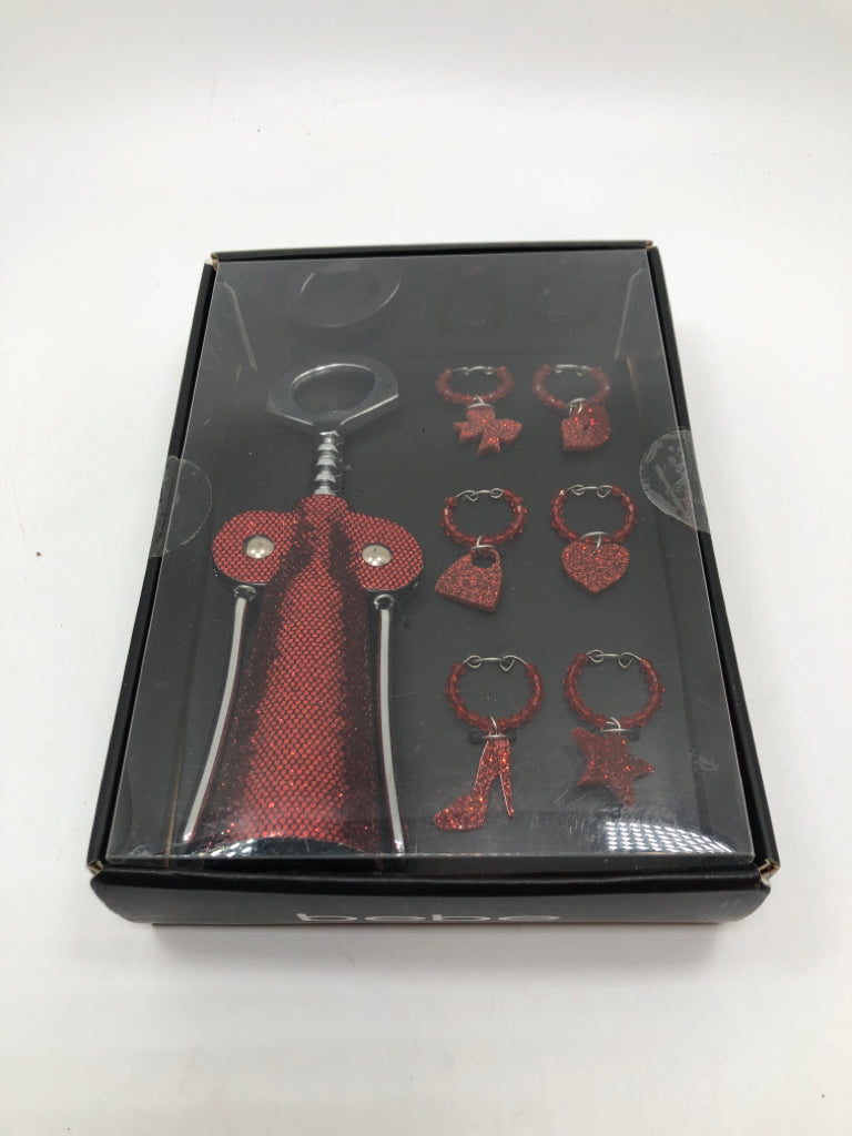 NIP RED SPARKLE CORKSCREW AND CHARMS SET.
