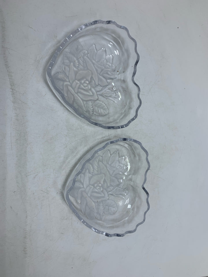 GLASS HEART SHAPED CANDY DISH W/ FROSTED ROSES.