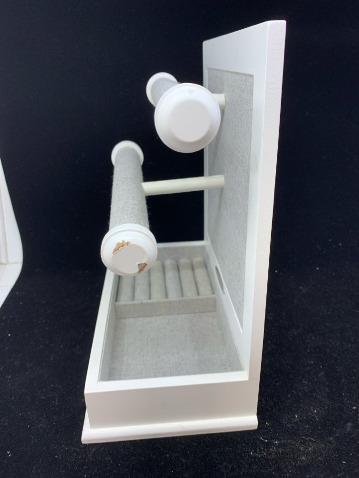 WHITE/GRAY JEWELRY STAND WITH TWO BARS AND RING HOLDER.