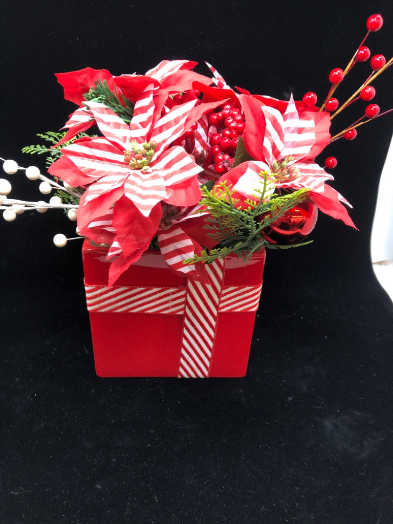PRESENT CERAMIC VASE W/FAUX POINSETTIA.