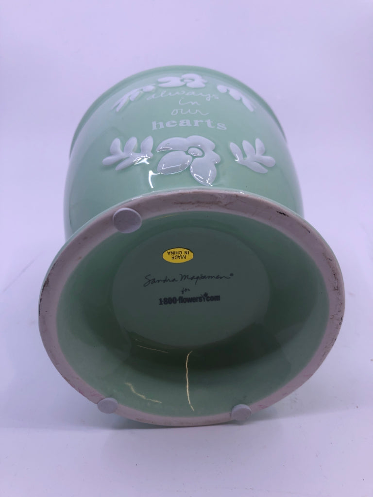 "ALWAYS IN OUR HEARTS" LIGHT GREEN SHORT PEDESTAL VASE.