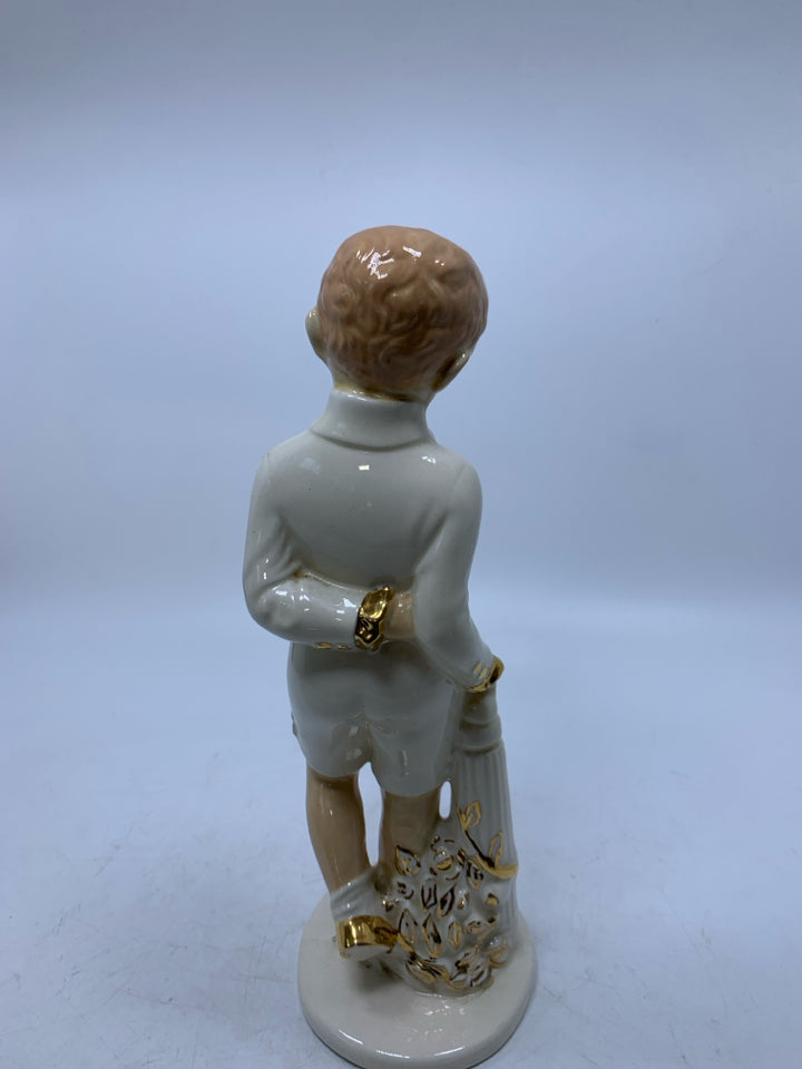 VTG HOLLAND MOLD STANDING BOY LEANING ON PILLAR GOLD DETAILS.