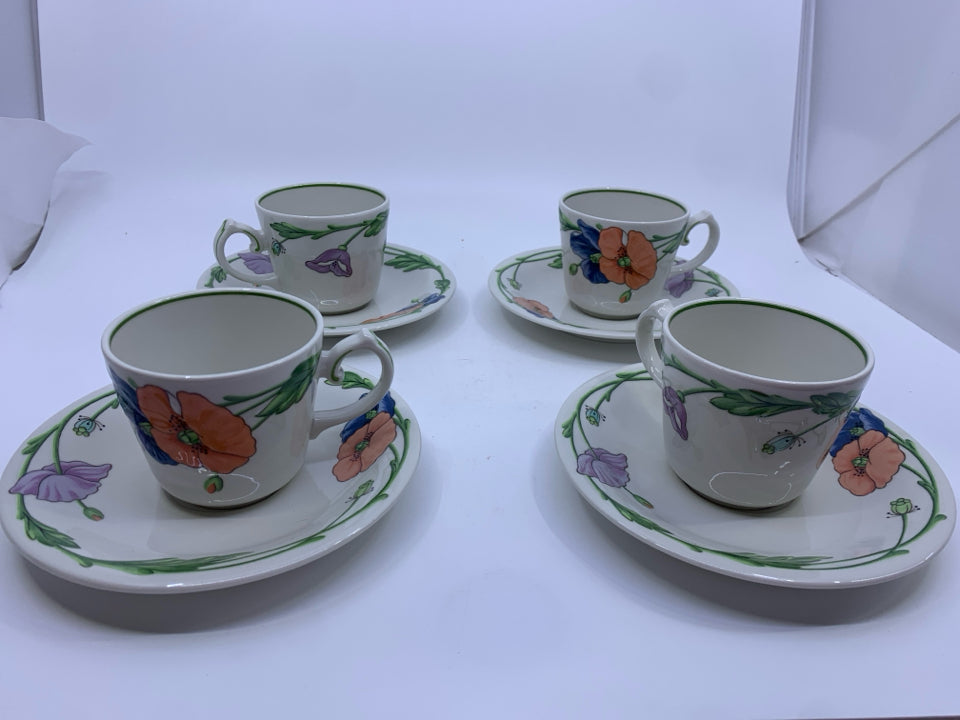 4 AMAPOLA FLORAL CUPS AND SAUCERS.