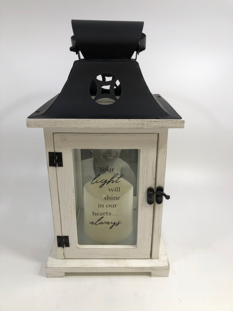 "YOUR LIGHT" METAL&WHITE WOOD LANTERN W/BATTERY CANDLE.