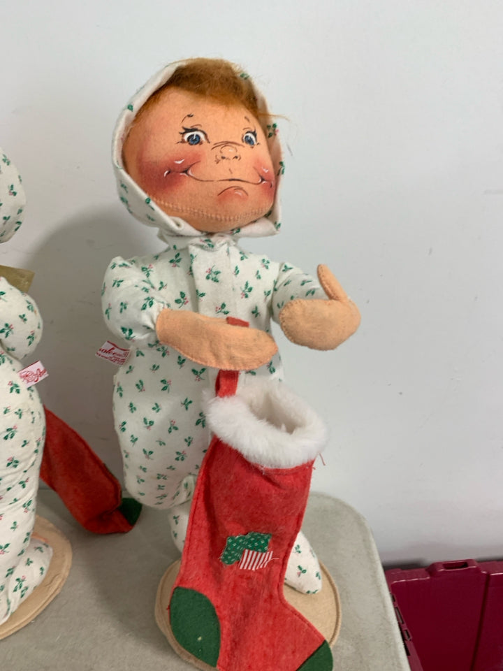 2 VTG LARGE ANNALEE MOBILITEE BOY/GIRL PJ'S STANDING WIRE POSABLE.