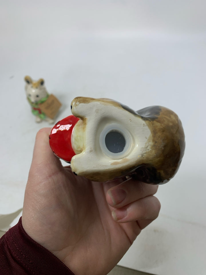 SQUIRREL HOLDING CANDY CANE & GREY MOUSE W/ GREEN SCARF SALT/PEPPER SHAKERS.