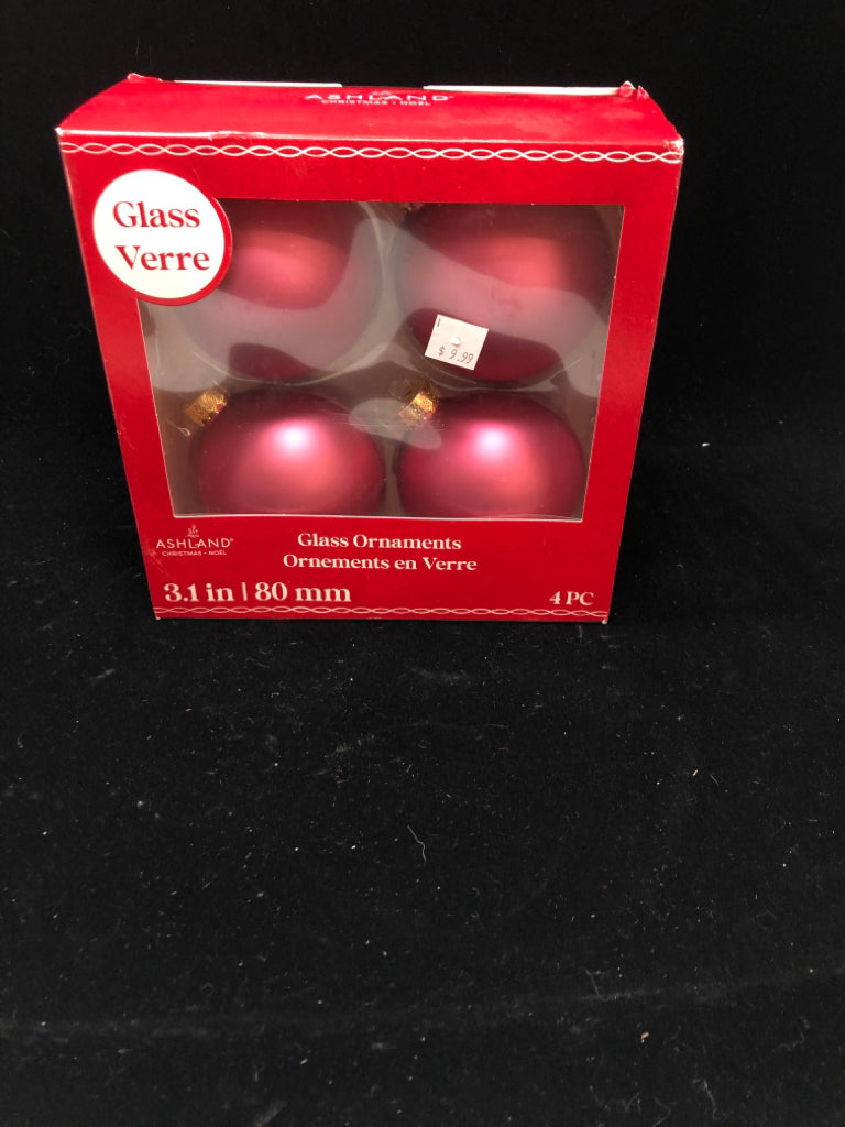 4 PINK GLASS ORNAMENTS.