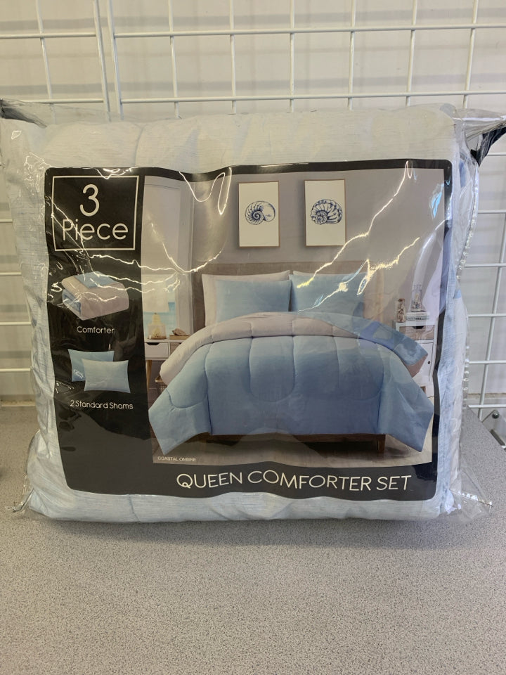 NIP 3PC QUEEN COMFORTER SET BABY BLUE - COMFORTER AND 2 SHAMS