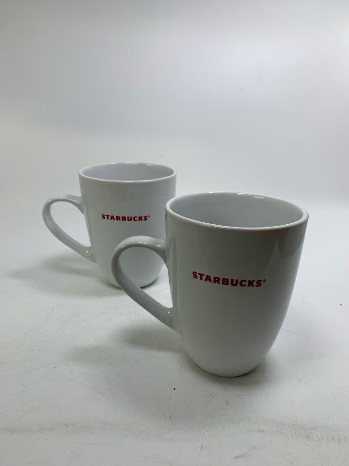 2 WHITE 2008 CERAMIC STARBUCKS MUGS IN RED WRITING.