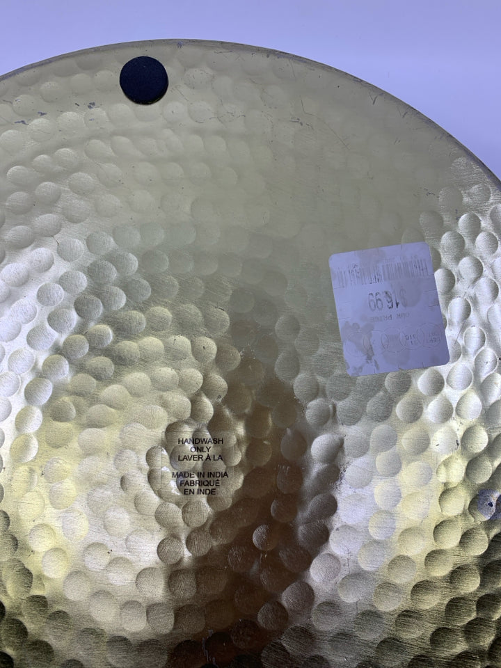 GOLD ROUND HAMMERED METAL TRAY W HANDLES.