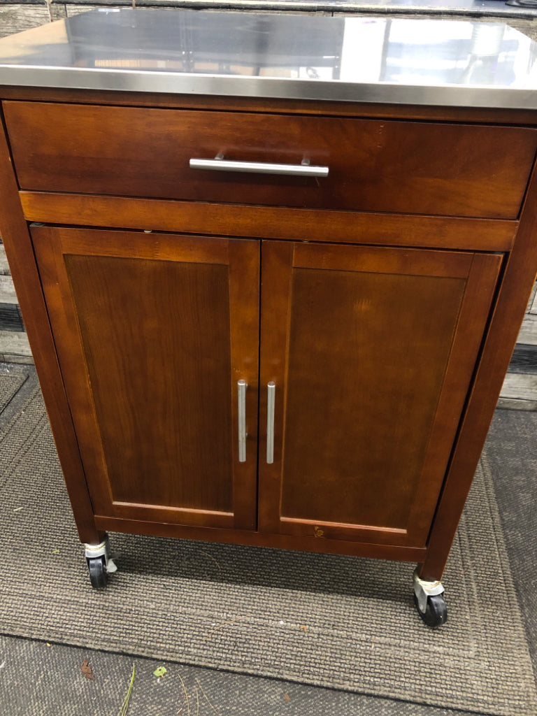 WOOD CART W/STAINLESS STEEL TOP, DRAWER AND CABINET ON WHEELS.