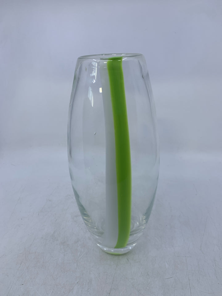 CLEAR HEAVY BOTTOM VASE W/ GREEN & WHITE STRIPE.