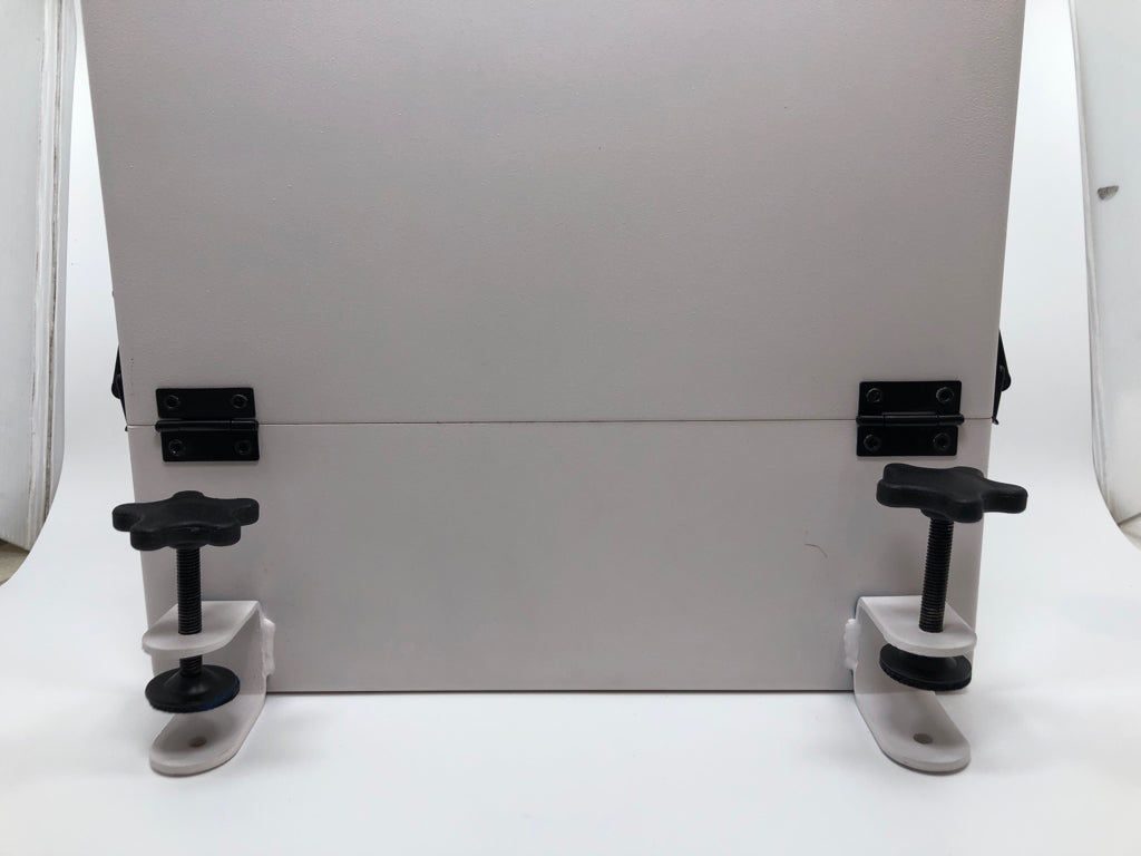 WHITE METAL BEDSIDE ATTACHABLE FOLDING SHELF.