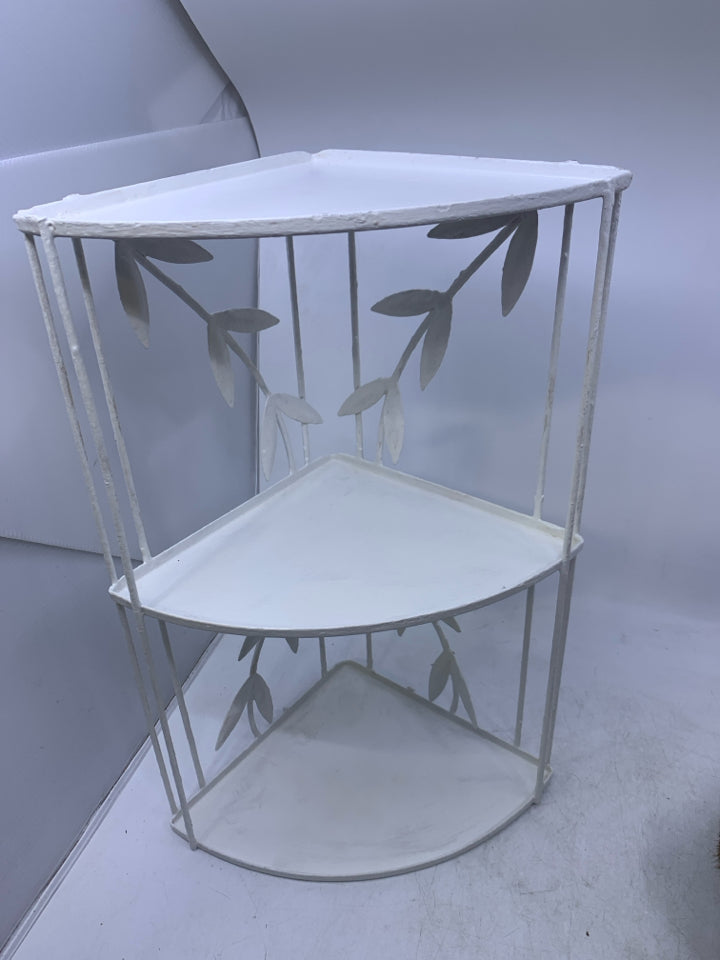 METAL 3 TIER PAINTED WHITE CORNER SHELF.