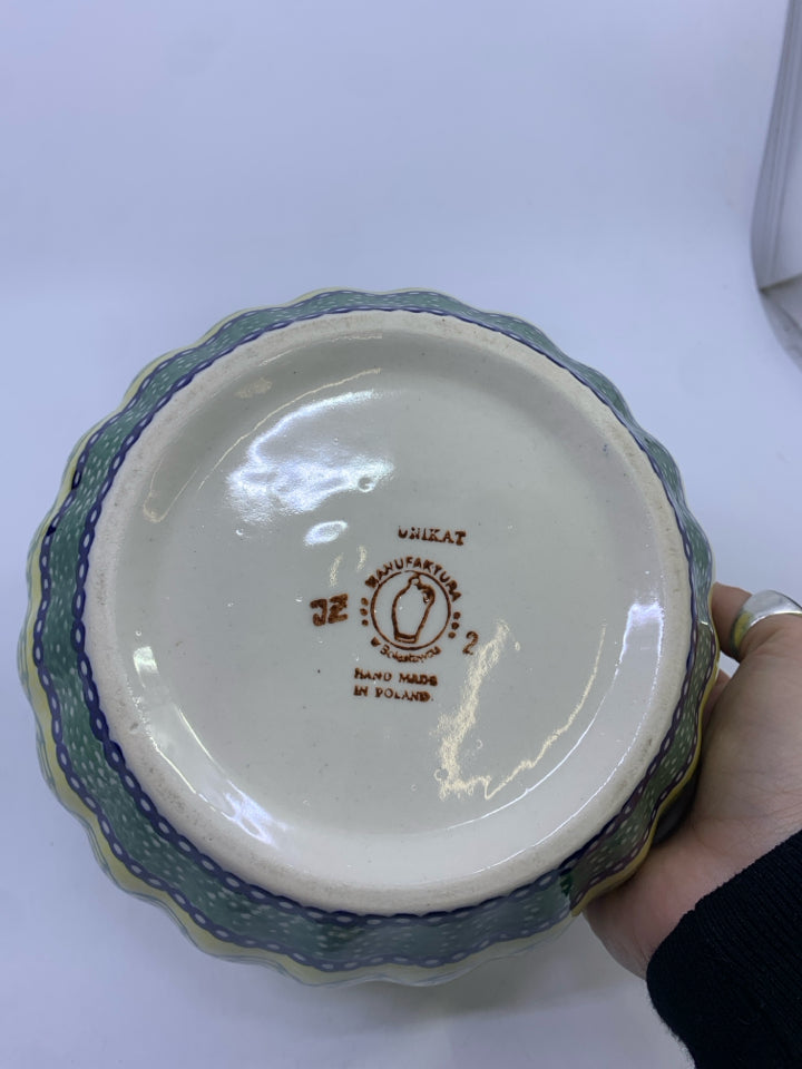 POLISH POTTERY BLUE GREEN ROSE PATTERN BOWL.