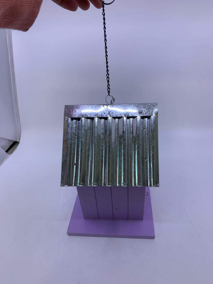 PURPLE BIRD HOUSE W/ GALVANIZED ROOF.