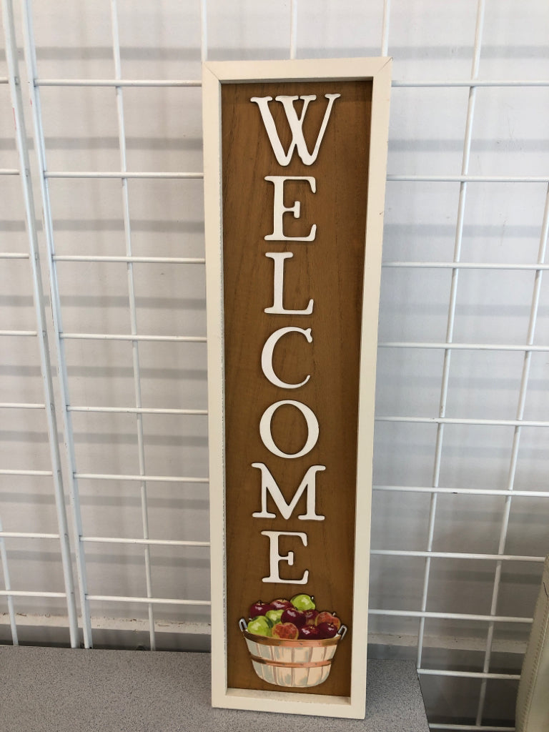 WELCOME SIGN W APPLES IN WOOD FRAME.