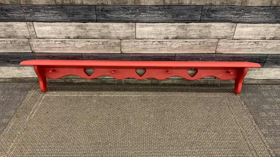 RED WOOD HEART CUTOUT SHELF W/COAT HOOKS.