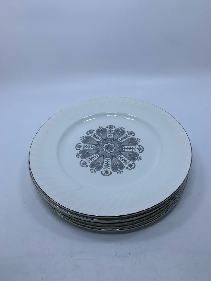 6 VTG MANCHESTER DINNER PLATES SILVER RIM.
