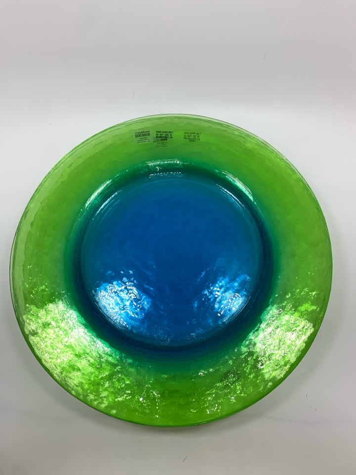 4 GLASS PEACOCK PLATTER CHARGER PLATES.