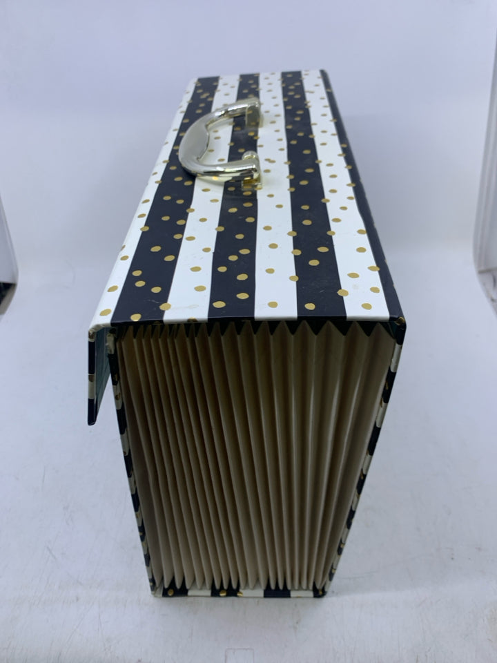 BLACK/WHITE STRIPED ACCORDION FOLDER W/ GOLD DOTS.