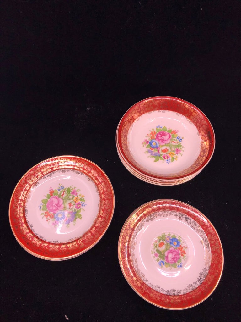 38 PC VTG RED W GOLD ACCENTS AND FLORAL SERV FOR 4.