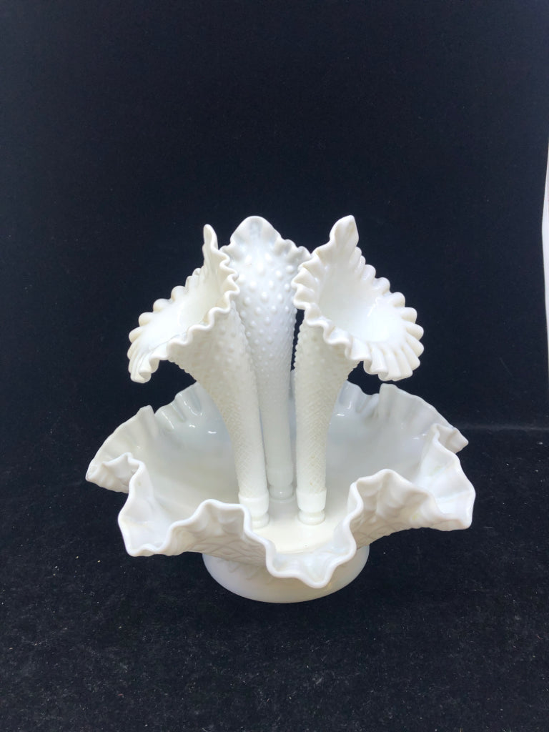 VTG MILK GLASS DIAMOND PATTERN 3PC HORN EPERGNE.