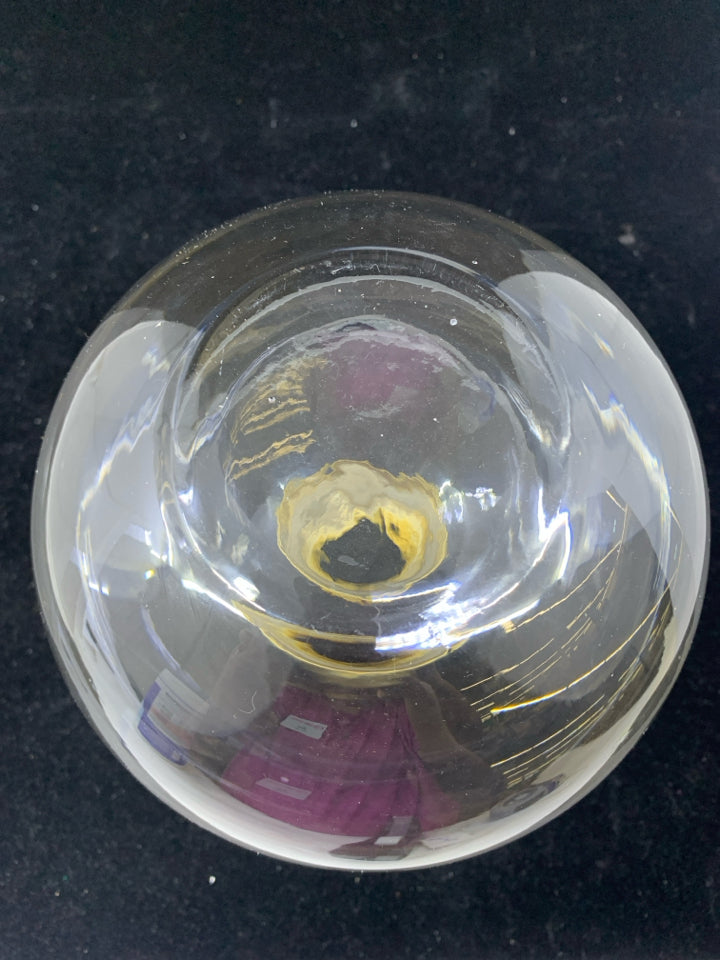 CLEAR GLASS ORNAMENT SHAPED VASE W/ GOLD METAL TOP.