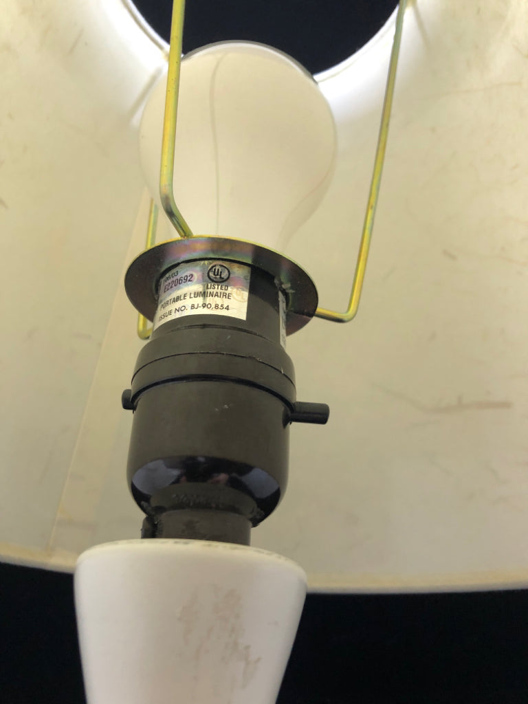 WHITE WOOD LAMP TAN SHADE.