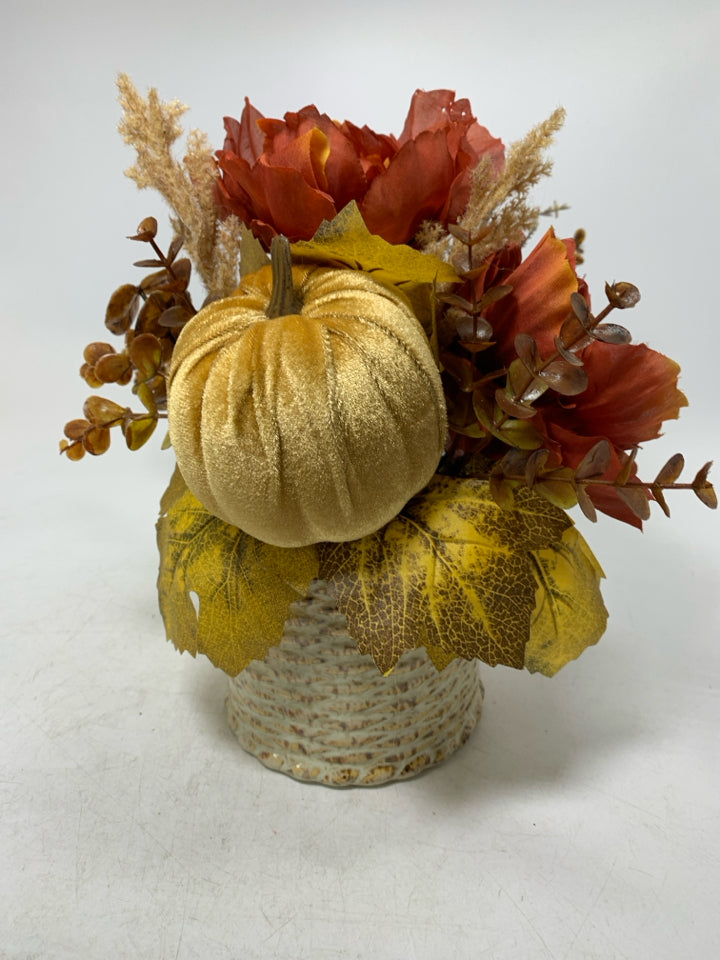 BASKET WEAVE PLANTER W/ FAUX FALL BOUQUET.