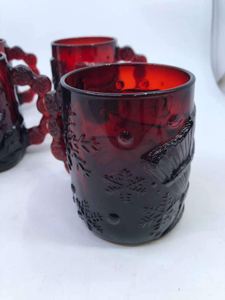 5 CRANBERRY MUGS W/ EMBOSSED SNOWMAN/SNOWFLAKES.