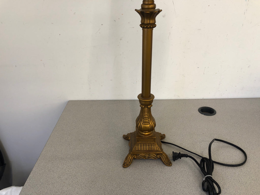 GOLD SKINNY BASE LAMP W WHITE SHADE AND JEWELS.
