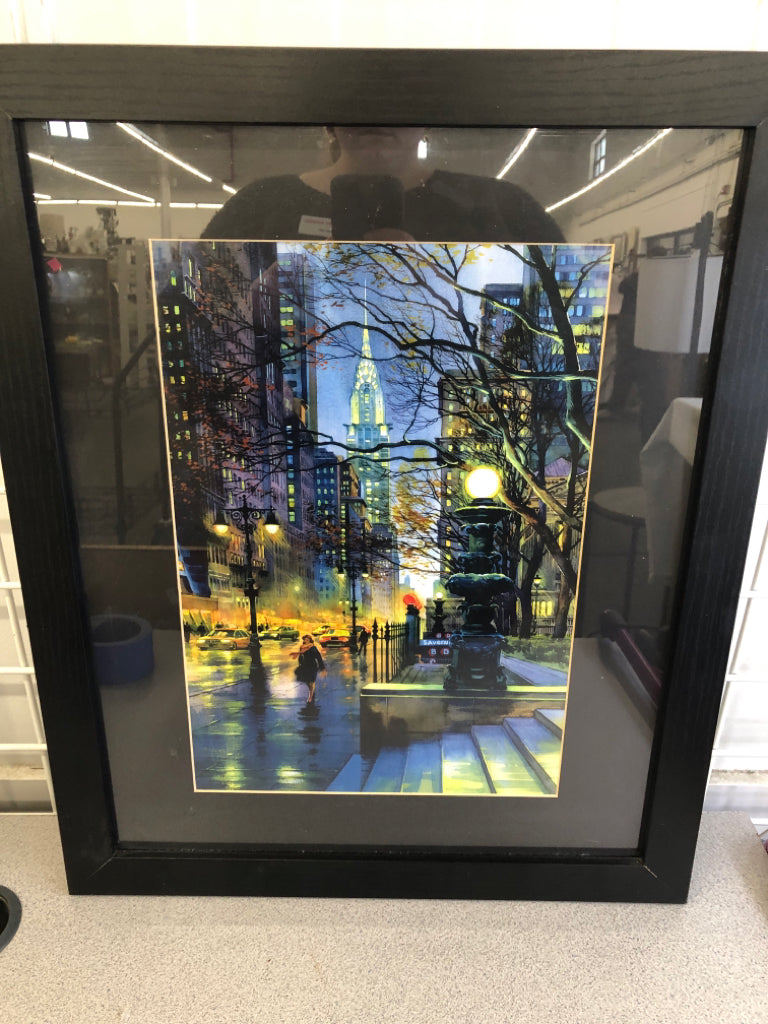 FRAMED COLORFUL NYC WATERCOLOR STYLE ARTWORK.