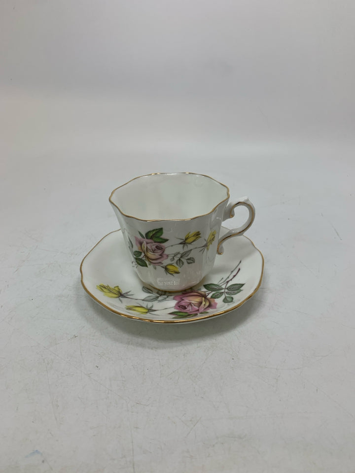 LIGHT PINK/YELLOW ROSES TEA CUP.