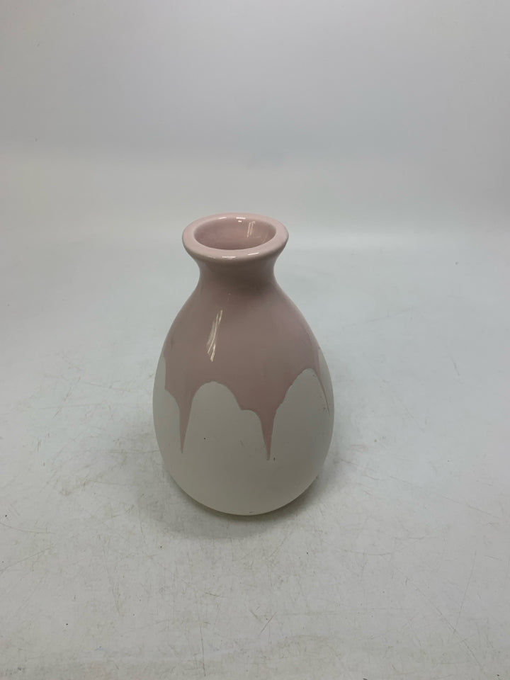 ISAAC MIZRAHI WHITE MATTE BOTTOM PINK DRIP GLAZE TOP VASE.