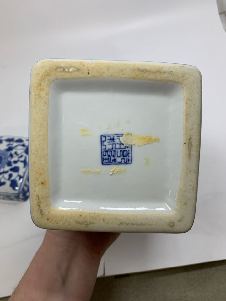 CERAMIC SQUARE CANISTER W/ BLUE FLORAL.