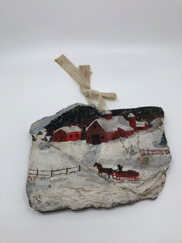 RED BARN SNOW SCENE PAINTED HANGING SLATE.