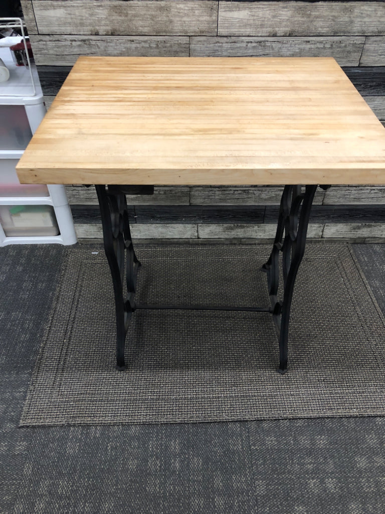 VTG SEWING MACHINE TABLE LEGS WITH BUTCHER BLOCK WOOD TOP.
