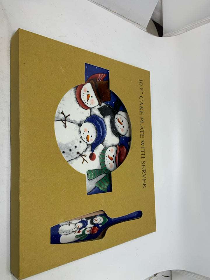 IN BOX 2PC SNOWMAN CAKE PLATE W/ SERVER.