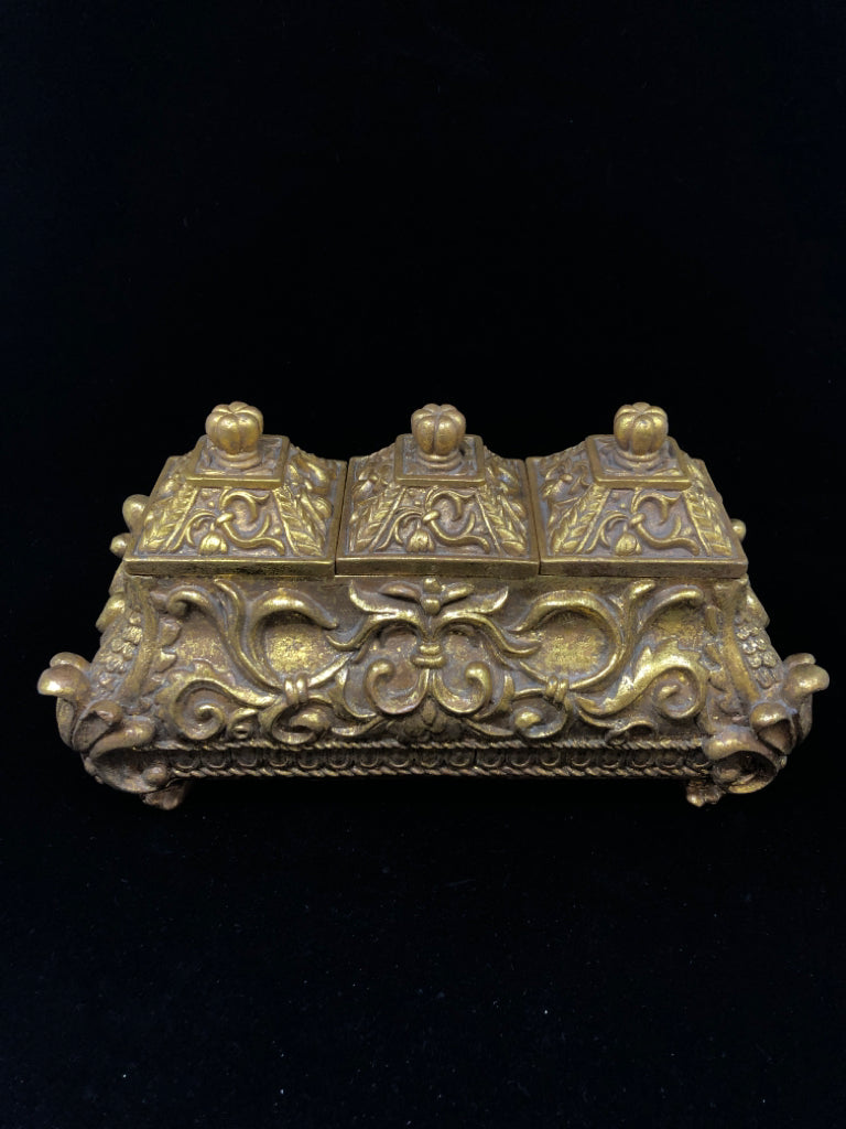 GOLD ORNATE 3-SECTION ORGANIZER W/LIDS.