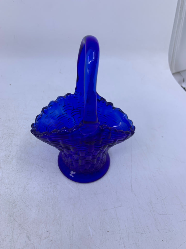 SMALL COBALT BLUE GLASS BASKET.