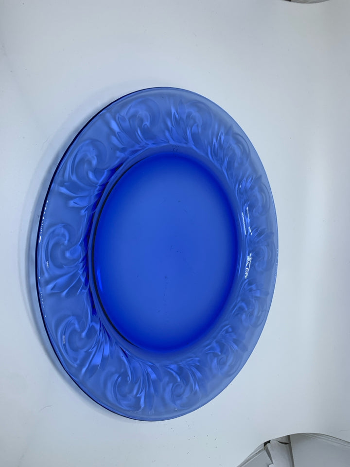 COBALT BLUE GLASS PLATTER W/ EMBOSSED SWIRL EDGE.
